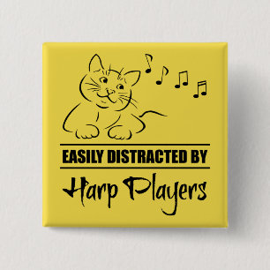 Curious Cat Easily Distracted by Harp Players 15 Cm Square Badge