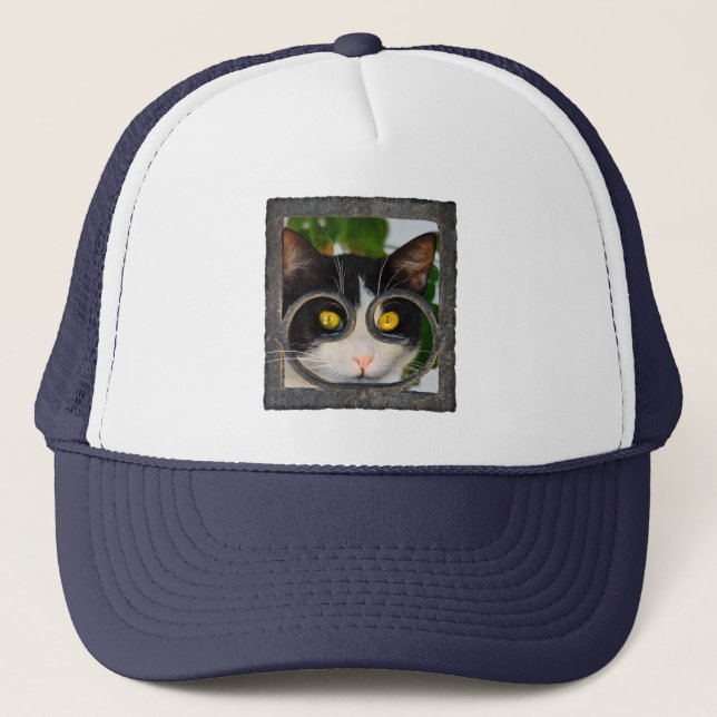 Curious Cat Eyes with Spectacles Frame Funny Photo Trucker Hat (Front)