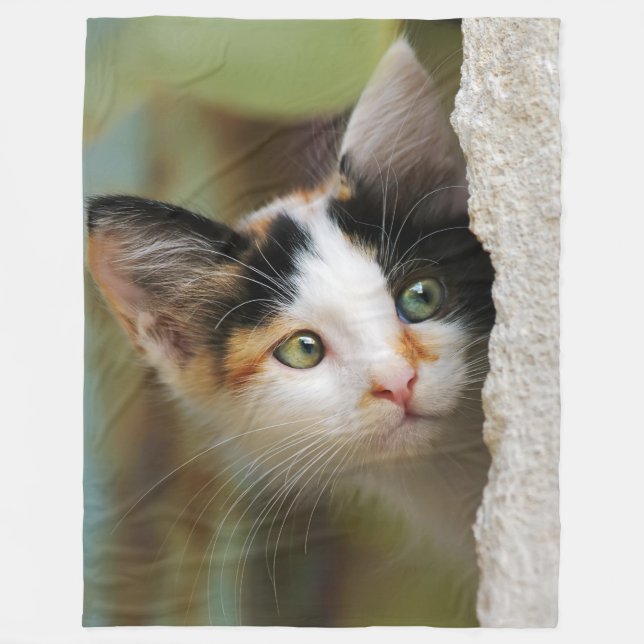 Curious Cat Kitten Looking with Prying Eyes - Fleece Blanket (Front)