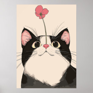 Curious Cat with a Flower Poster