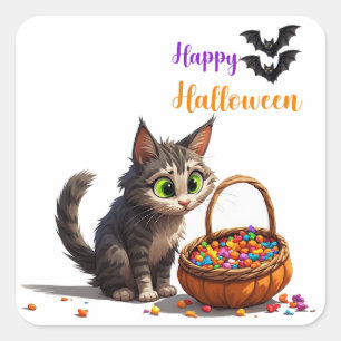 Curious Cat With Candy Filled Jack O Lantern 🍂 Square Sticker