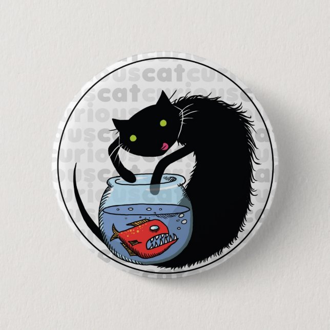 Curious Cat with Piranha 6 Cm Round Badge (Front)