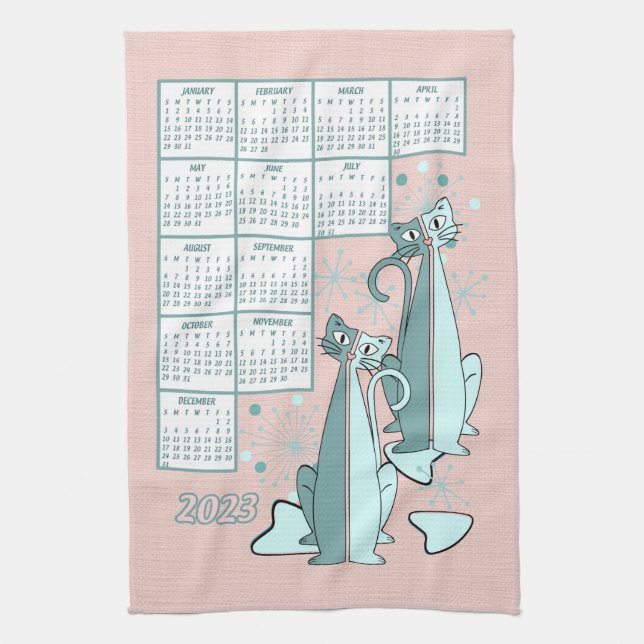 Curious Cats Retro Mid Century 2023 Calendar Tea Towel (Vertical)