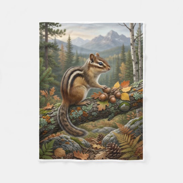 Curious Chipmunk On Tree Trunk Mountain Fleece Bla Blanket (Front)