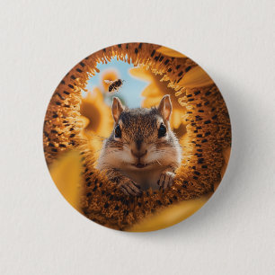Curious Chipmunk Peeking Through Eaten Sunflower 6 Cm Round Badge