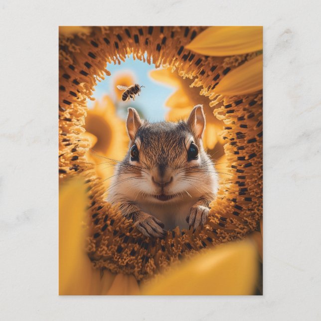 Curious Chipmunk Peeking Through Eaten Sunflower  Postcard (Front)