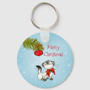 Curious Christmas Kitty With A Red Bow Key Ring