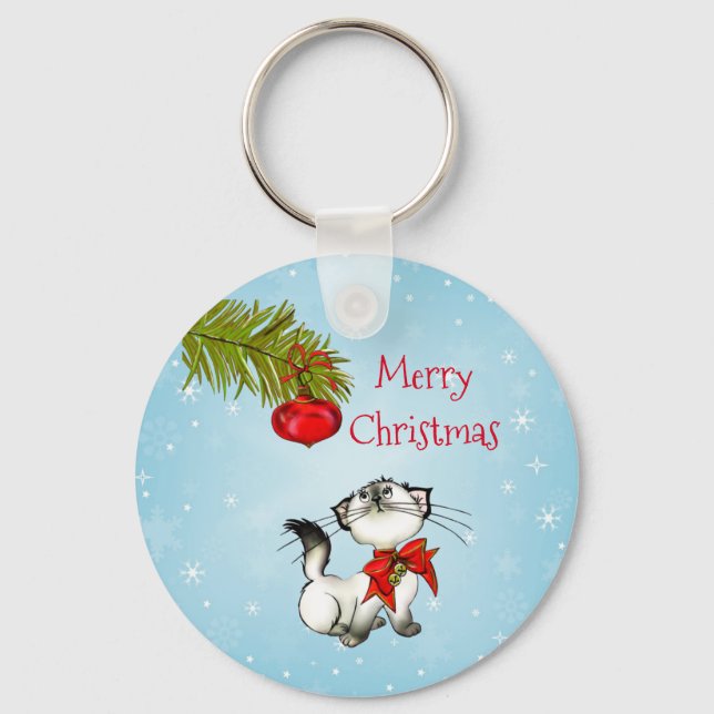 Curious Christmas Kitty With A Red Bow Key Ring (Front)