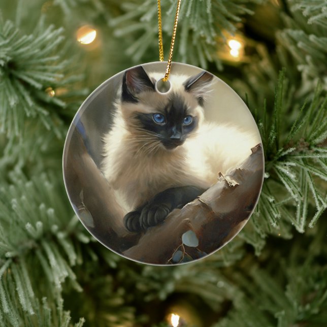 Curious Climber Siamese Kitten Ceramic Ornament (Tree)