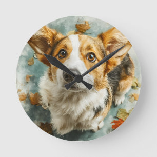 Curious Corgi Autumn Gaze Round Clock