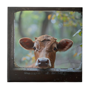 Curious Cow Looking Through a Window Ceramic Tile