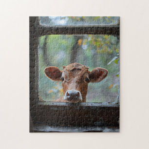 Curious Cow Looking Through a Window Jigsaw Puzzle