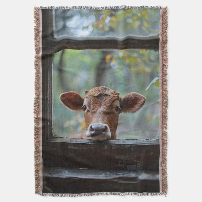 Curious Cow Looking Through a Window Throw Blanket (Front Vertical)