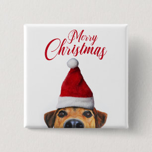 Curious Cute Funny Dog with Santa Hat 15 Cm Square Badge