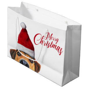 Curious Cute Funny Dog with Santa Hat Large Gift Bag