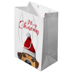 Curious Cute Funny Dog with Santa Hat Medium Gift Bag