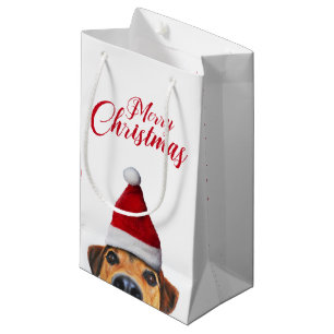 Curious Cute Funny Dog with Santa Hat Small Gift Bag