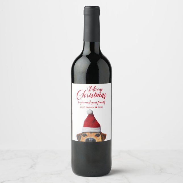 Curious Cute Funny Dog with Santa Hat Wine Label (Front)