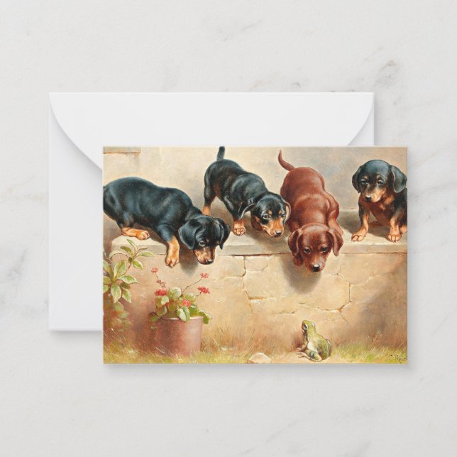 Curious Dachshund Puppies and a Frog Card (Front)