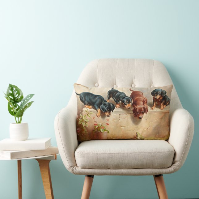 Curious Dachshund Puppies and a Frog Lumbar Cushion (Chair)