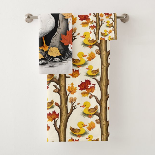 Curious Ducklings and Autumn Leaves Pattern Design Bath Towel Set (Insitu)