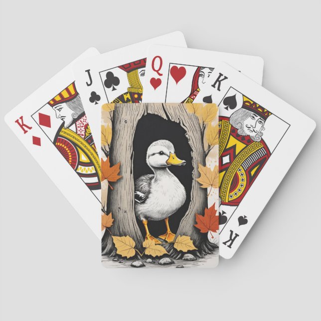 Curious Ducklings and Autumn Leaves Pattern Design Playing Cards (Back)