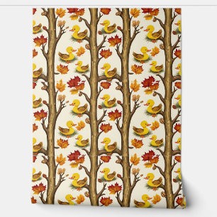Curious Ducklings and Autumn Leaves Pattern Design Wallpaper