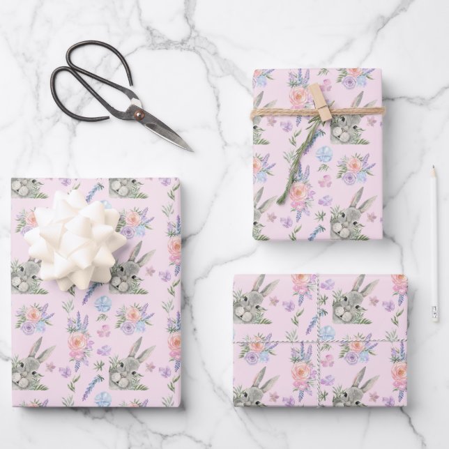 Curious Easter Bunny Pastel Lavender Flowers Wrapping Paper Sheet (Front)