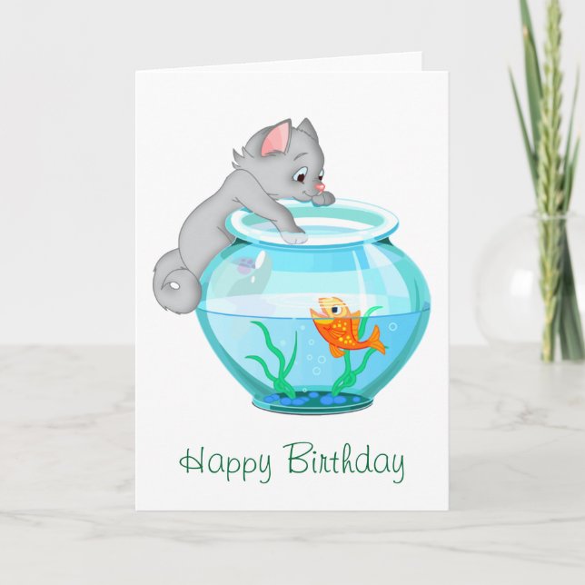 Curious Fishing Cat Birthday Card (Front)