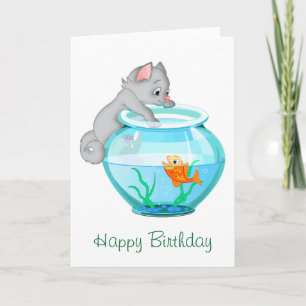 Curious Fishing Cat Birthday Card