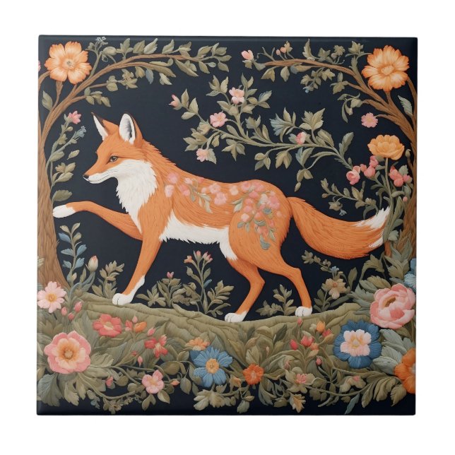 Curious Fox Faux Embroidery Elegant Floral Ceramic Tile (Front)