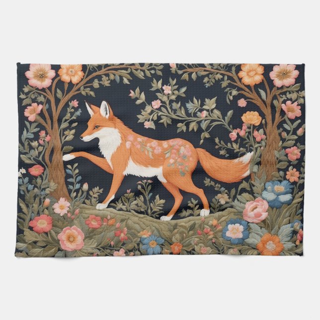 Curious Fox Faux Embroidery Elegant Floral Tea Towel (Horizontal)