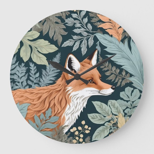 Curious Fox Fern Leaves William Morris Inspired Large Clock (Front)