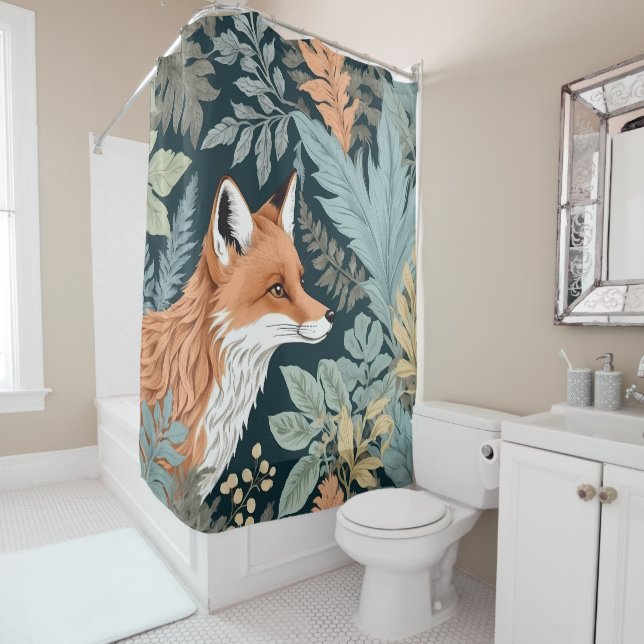 Curious Fox Fern Leaves William Morris Inspired Shower Curtain (In Situ)