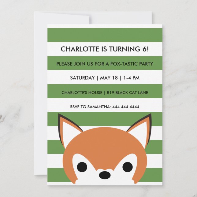 Curious Fox | Green Stripes | Birthday Party Invitation (Front)