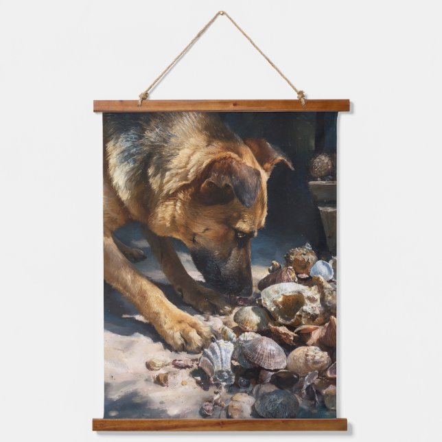 Curious German Shepherd Beach Shell Art Hanging Tapestry (Front)