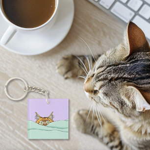 Curious Ginger Peekaboo Cat Funny Lavender Green Key Ring