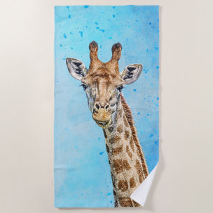 Curious Giraffe with Blue Confetti Sky Beach Towel