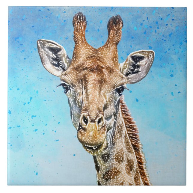 Curious Giraffe with Blue Confetti Sky Ceramic Tile (Front)