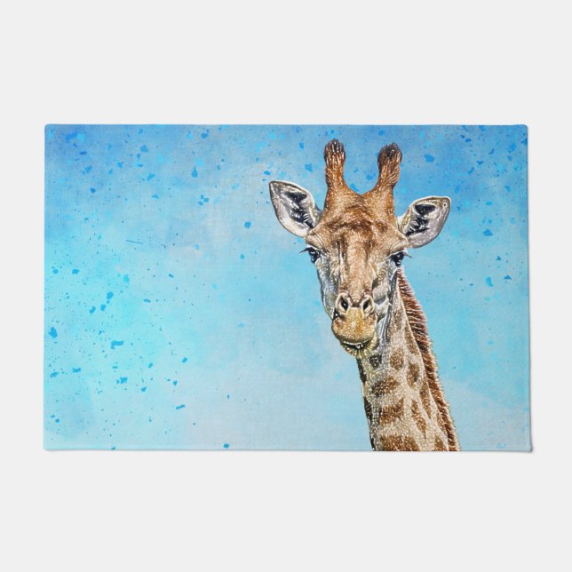 Curious Giraffe with Blue Confetti Sky Doormat (Front)