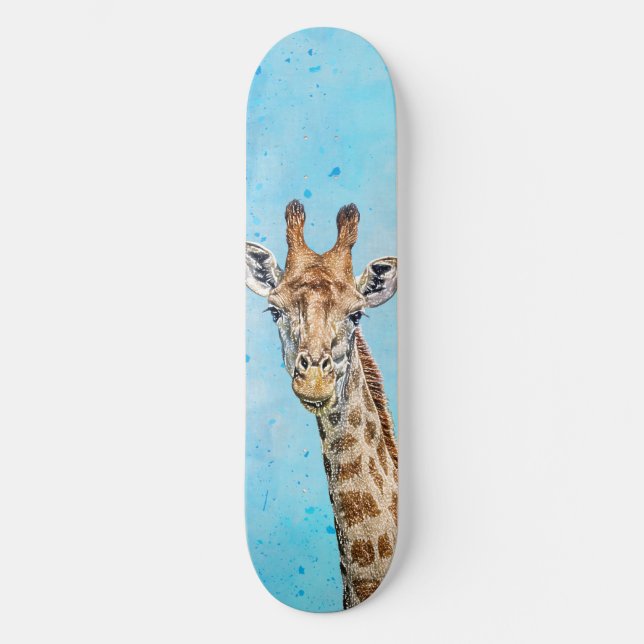 Curious Giraffe with Blue Confetti Sky Skateboard (Front)