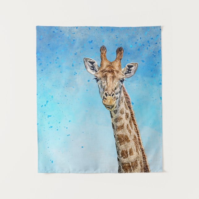 Curious Giraffe with Blue Confetti Sky Tapestry (Front)