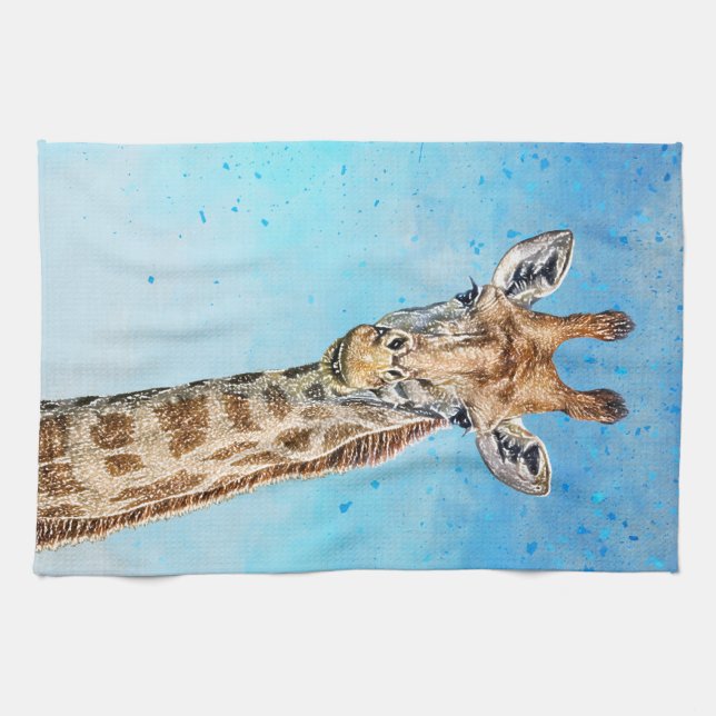 Curious Giraffe with Blue Confetti Sky Tea Towel (Horizontal)