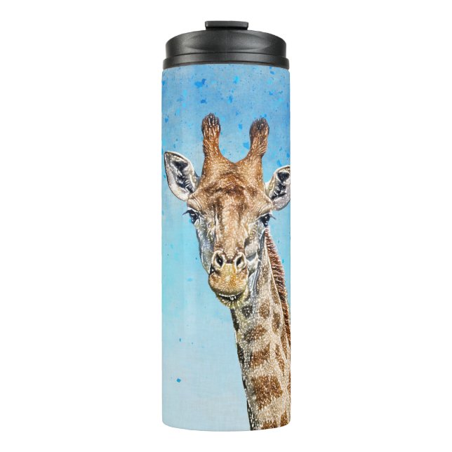 Curious Giraffe with Blue Confetti Sky Thermal Tumbler (Front)