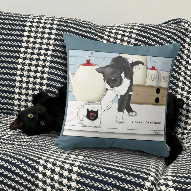 Curious Grey White Cat Funny Tea Mug Kitchen Cushion (Creator Uploaded)