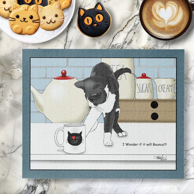 Curious Grey White Cat Funny Tea Mug Kitchen Jigsaw Puzzle (Creator Uploaded)