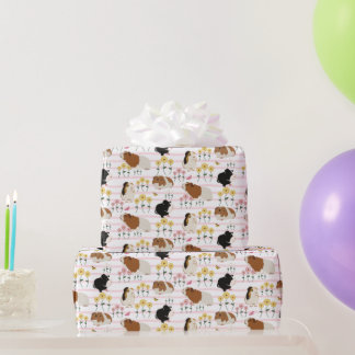 Curious Guinea Pigs In flower Garden Pink Stripes Wrapping Paper