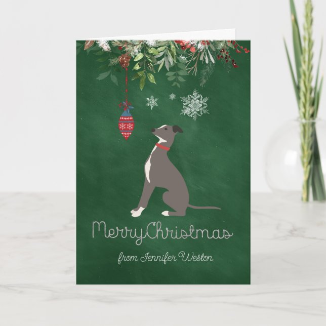 Curious Holiday Greyhound Puppy with Joyful Wishes (Front)