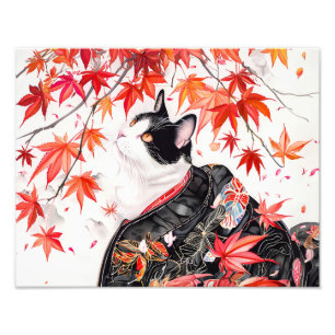 Curious Kitten in Autumn Leaves in Chinese Ink Photo Print