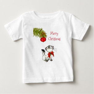 Curious Kitty Cat In A Red Christmas Bow Baby T-Shirt